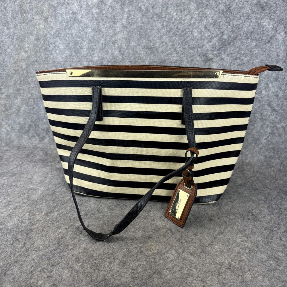 Aldo Womens Black White Striped Double Handle Lined Van Wert Tote Bag Purse